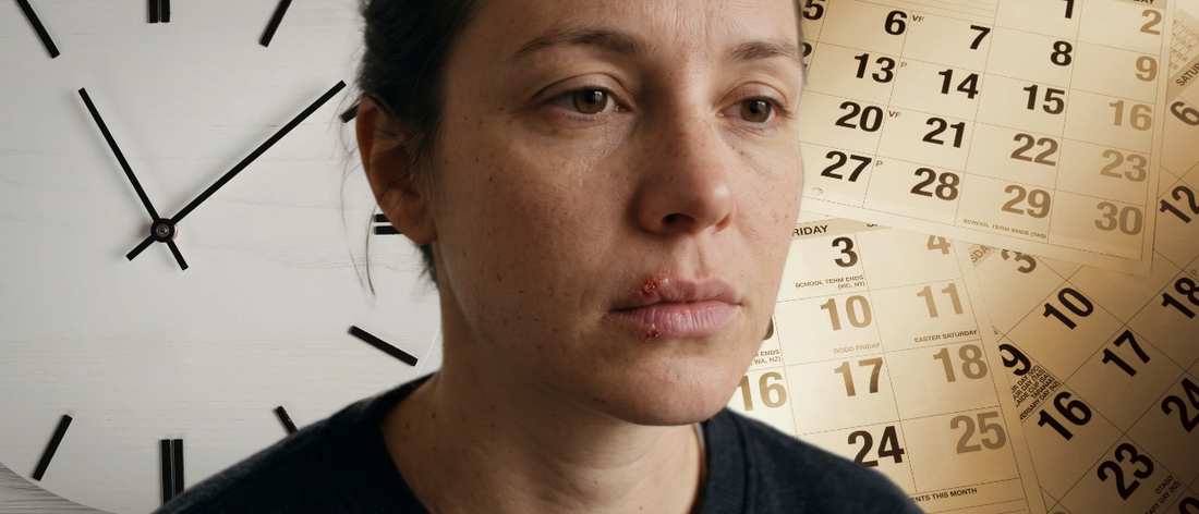 Cold sore on the lower lip with clock and calendar background.