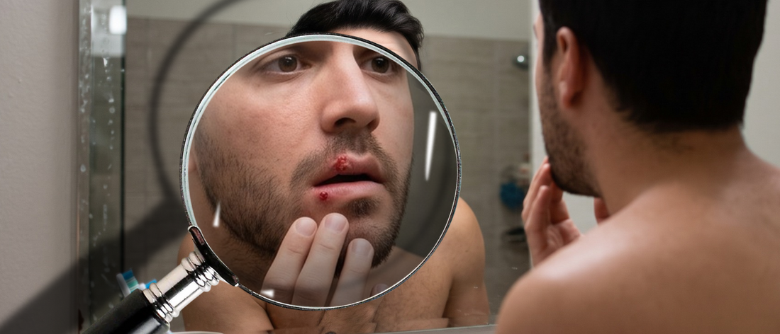 Person examining a lip lesion in a mirror to determine whether it is a cold sore or pimple.